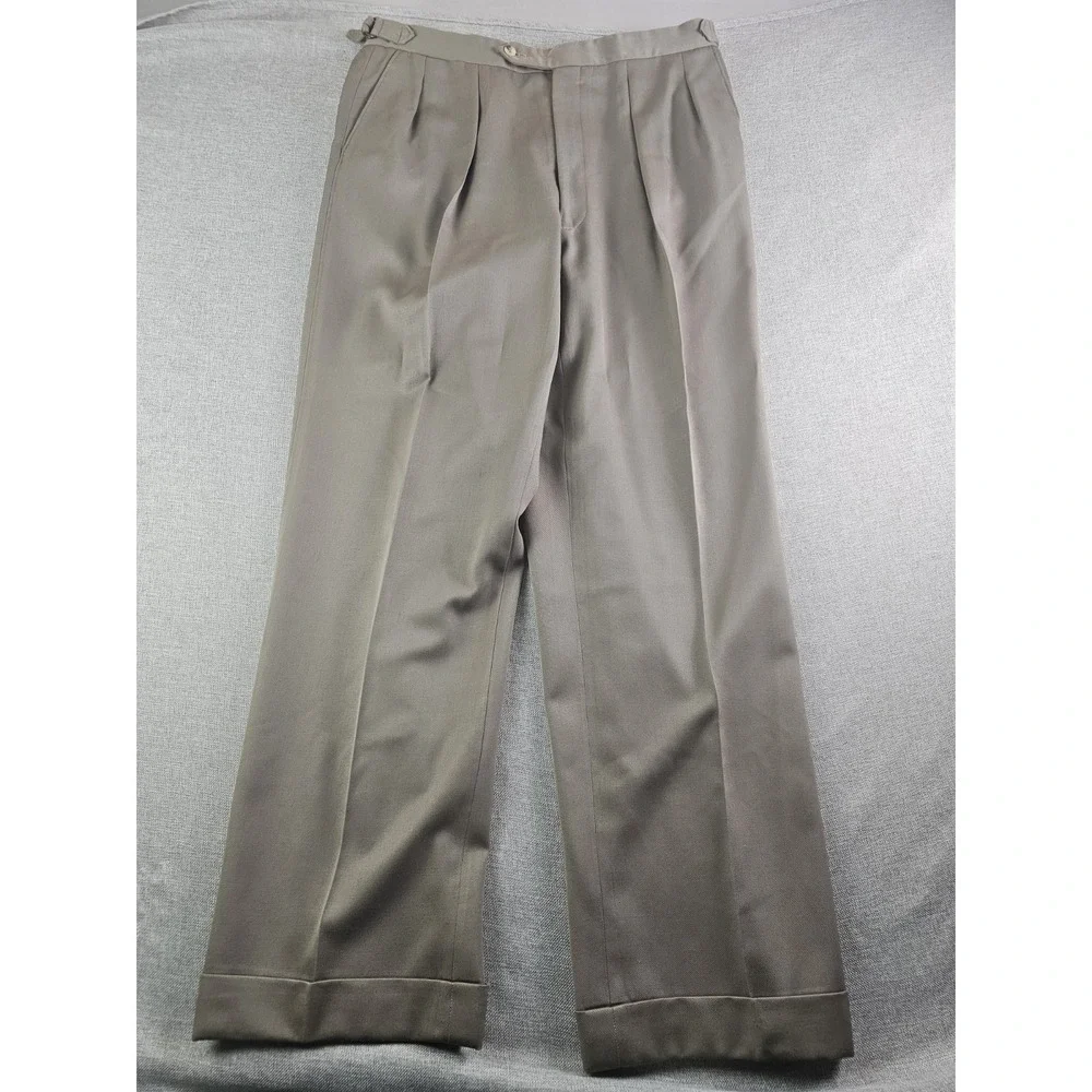 Paul Stuart Pants Mens 37X31 Green Wool Double Pleated Cuffed Waist Adjusters